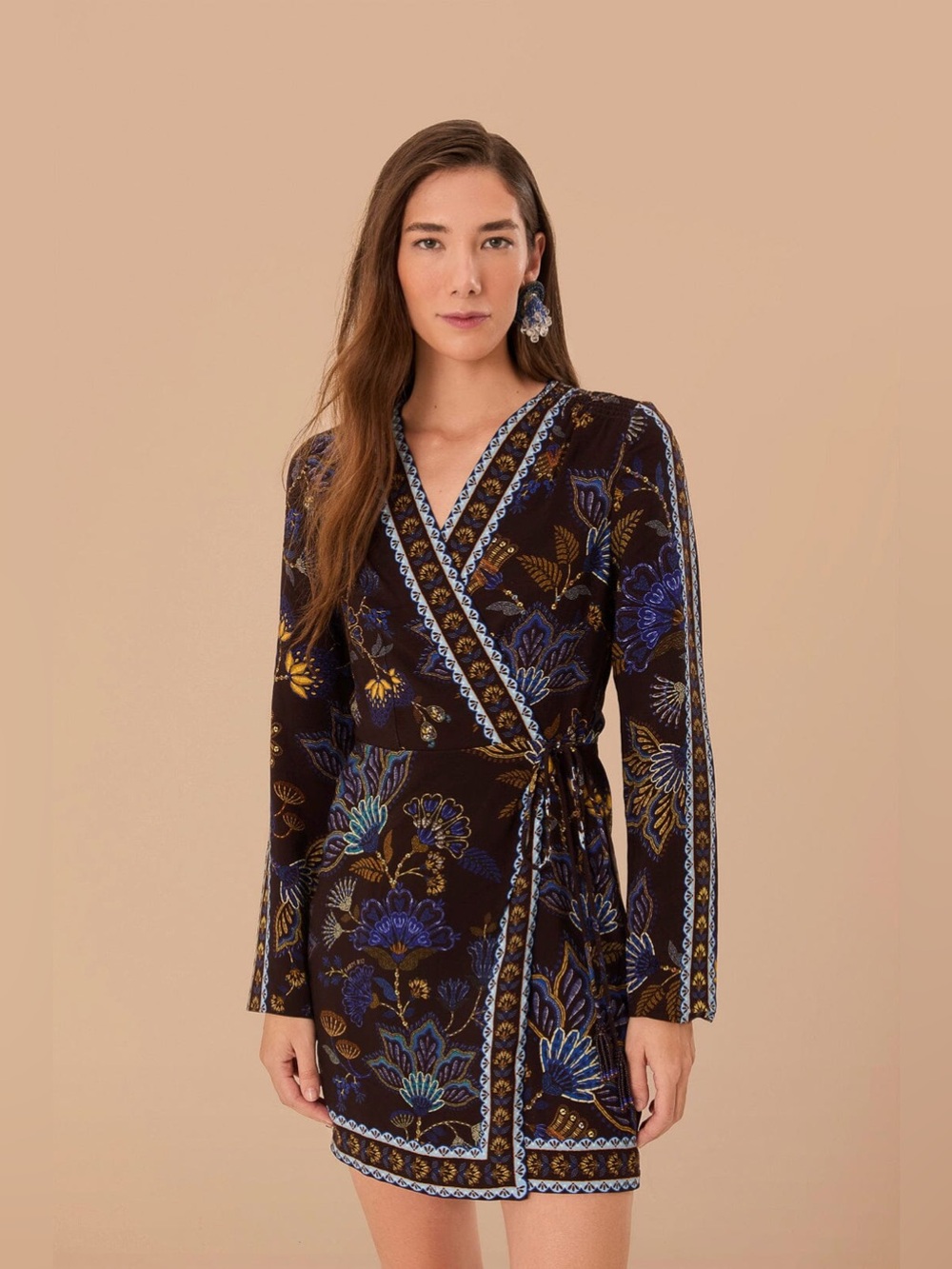 FARM Rio Brown Garden Wrap Mini Dress Size S Floral Long Sleeve